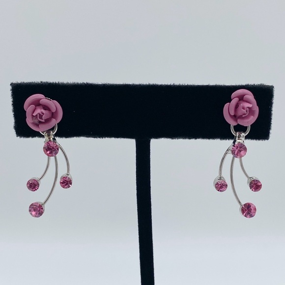 Pink Rose Rhinestone Dangle Earrings - Picture 1 of 6
